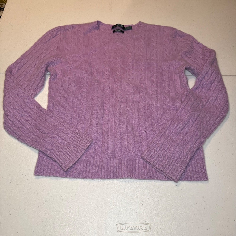 Lauren Ralph Polo Women's Lavender 100% Cashmere Cable Knit Sweater Large FLAWED